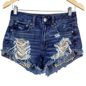 American Eagle Shorts 2‎ Hi-Rise Distressed Crochet Lace Fray Hem Festival